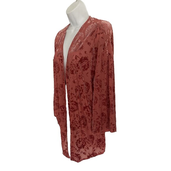 Thyme & Honey Open Front Cardigan Size L Pink Floral Sheer Velour Bell Sleeves - Picture 10 of 10